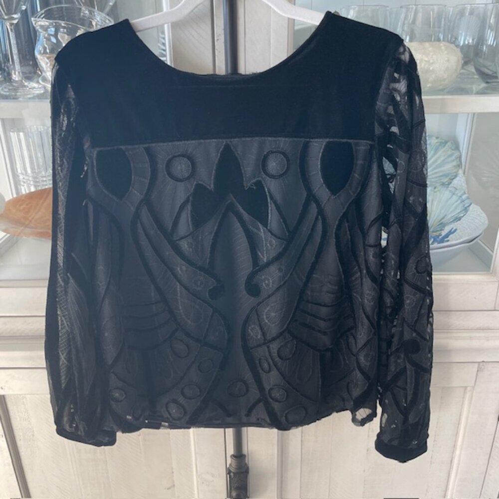 ANTHROPOLOGIE EVA FRANCO VELVET PATTERNED TOP BLACK SIZE LARGE PREOWNED